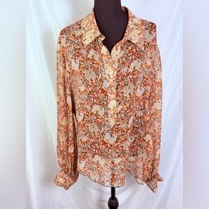 Women’s Vintage Sheer Floral Button-Up Blouse Size 16 | Retro Boho Statement Top